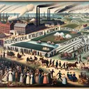 Create an image that features symbolism of the Industrial Revolution with factories and people migrating to urban areas. Include elements from the 1800s Southern Economy like cotton plantations. Add representations of the temperance movement's rally against alcohol abuse, reminiscent of early American literature, and a hint to the women rights movement at the Seneca Falls Convention. Depict scenes of American nature as a hint to the prevalent theme of 1800s American artists, and include imagery suggesting transcendental values such as emphasis on personal insights and individualism.