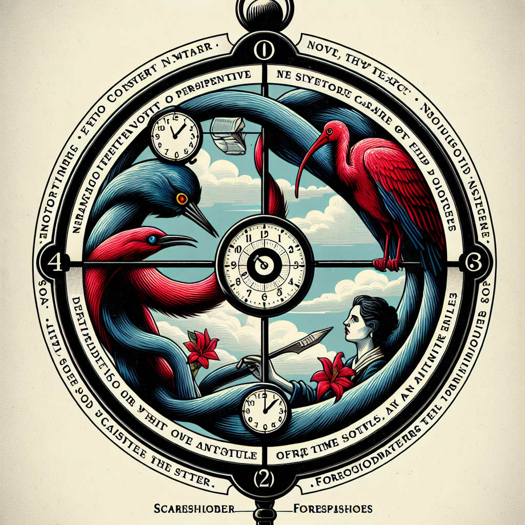 Create an image that metaphorically represents the concept of literary devices and questions, but without any visible text. The image should depict four key elements tied to the questions: a narrator intertwined within his own narrative, suggesting first-person perspective; a clock or calendar to denote the time period of a plot, indicating the setting; two characters in a posture of conflict, representing character-to-character struggle; and finally a scarlet ibis, which symbolizes foreshadowing of an event. Make sure the theme of literary analysis shines through and pertains to the essence of the questions.