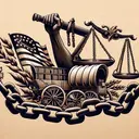 An illustrative image for a historical discussion, devoid of any text. Depict a symbolic representation of the struggle for freedom and equal rights inspired by 1800s America. Include elements such as a broken chain to signify the fight against slavery, a scale to represent popular sovereignty, and a westward-moving covered wagon denoting manifest destiny. Ensure the representation is respectful and sensitive to the historical context.