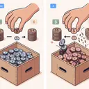 Illustrate the concept of a mathematical problem involving coins. Show a box with a mix of different kinds of coins - one dollar coins and fifty cent coins. Display an action where some one dollar coins are being removed and replaced by an equal amount of fifty cent coins. Capture the before and after scenarios in the same frame, but ensure there's no text in the image.