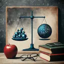 Illustrate an abstract concept of mathematics. Craft a scene with a chalkboard and a pair of glasses resting beside it on a wooden desk. Add a red apple and a thick math book nearby. Centered on the chalkboard, represent three identical scales, each one holding an identical blue sphere and a large '54' figure on the other side. Ensure the illustration is text-free and embodies the essence of a mathematical problem.