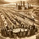Create a detailed historical image depicting the railroad expansion in the late 19th century. Show a new territory being rapidly developed with a sprawling, ever-growing railroad system. In the background, add a scene of a meeting in progress, showing the formulation of new managerial techniques, perhaps using rudimentary tools of that era. Lastly, give a subtle indication of large corporations, symbolized by grand buildings, struggling amid this rapid expansion.