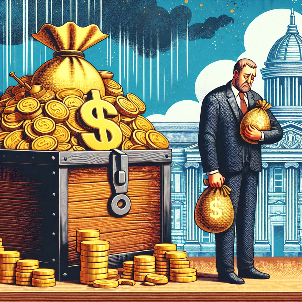 Generate a symbolic representation of wealth inequality. Depict on one side an overflowing chest of gold representing increased business profits. On the other side, show a saddened worker holding a small bag of coins depicting wages not keeping pace with profits. In the background, illustrate an imposing government building as representation of heavy business regulation.
