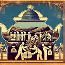 An abstract representation of a governmental scandal featuring vintage visuals. The image displays a range of symbolic elements like a symbolic representation of a teapot incorporated in a landscape symbolizing a dome, a group of vintage styled humanoid figures partaking in secretive actions indicative of corruption, a hand exchanging a bag of money within the contour outline of a cabinet, and an overflowing vintage coffer or money chest indicating theft. Please make sure the image contains no textual content.