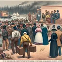 A scene representing the Reconstruction era in American history, with northerners moving south. Depict a group of individuals, possibly carrying tools, bags, and parcels, indicative of relocation. Show a diverse group of people which includes both genders and various descents , such as Caucasian, Black, Middle-Eastern and Hispanic. To represent the perception of the white southerners, depict another group of people, dominantly caucasian, observing the newcomers with a mix of curiosity, suspicion, and apprehension.