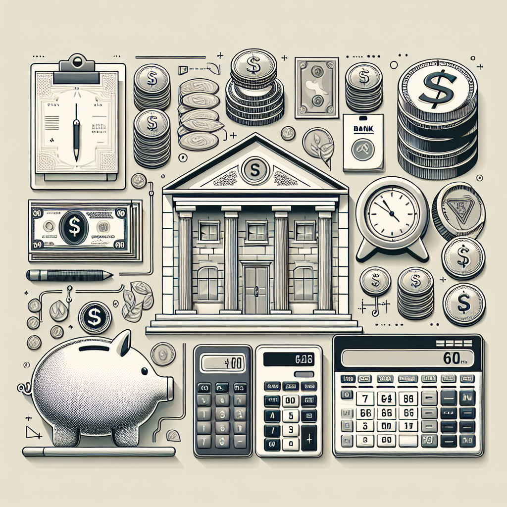 An uncluttered, elegant image representing the concept of financial planning and investment. The image should show a piggy bank, coins, banknotes, and calculators to symbolize fixed expenses. In order to depict both savings and CDs, showcase a bank exterior and an image of a certificate or a matured investment. Additionally, convey the passage of 60 days using a calendar or clock. Don't add text to the image.