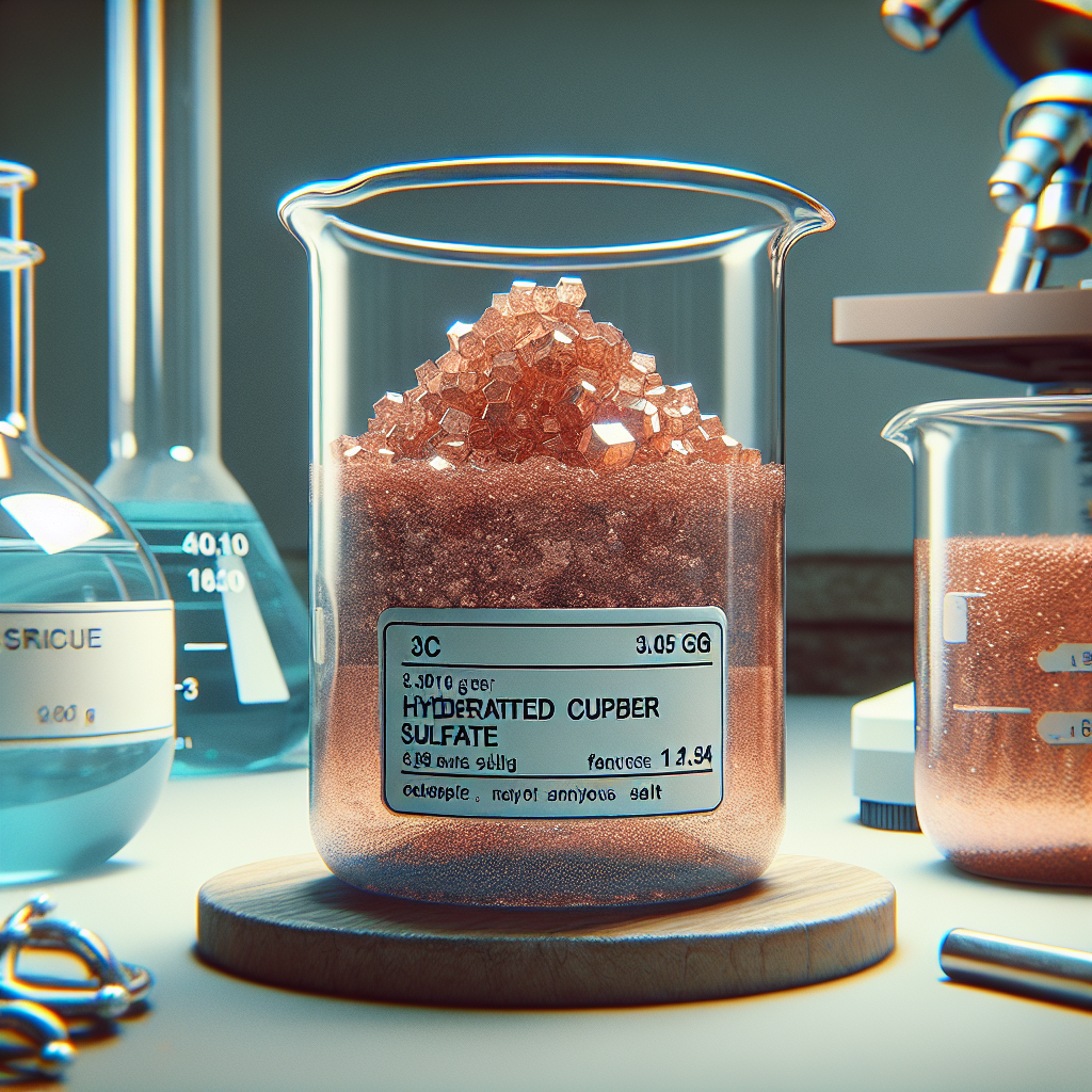 Generate an image of a copper-colored crystalline substance in a glass beaker. The beaker is labeled as '3.05 g hydrated copper sulfate'. There should also be a second beaker containing a lighter, more powdery substance labeled as '1.94 g anhydrous salt'. The two beakers are part of a laboratory setup, giving the impression of an ongoing experiment or research. The background could consist of lab apparatus such as microscopes, flasks, and test tubes.