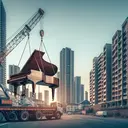 Create an image of a typical urban setting where work is being performed. The scene features a ground level view with high-rise apartments. A large grand piano, evidently heavy, is being hoisted up using a crane with steady motion. The crane is visible against the backdrop of the towering apartment building, which extends 10.0m above the ground. Captured in the scene should be the piano being lifted, the crane producing a sensible power equivalent to 400 W, against the canvas of the cityscape. Please be sure to not include any text in the image.