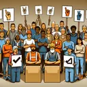 Visualize a symbolic depiction of a group of diverse workers showing dissatisfaction with two options presented to them. The workers are of various descents such as Caucasian, Hispanic, Black, Middle-Eastern, South Asian. They are mix of genders. They are holding placards signaling a strike in a peaceful manner. In front of them are two boxes representing the choices they have been given, their expressions showing that neither of the choices please them.