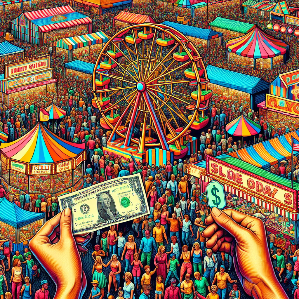A colorful and vibrant image of a busy fair replete with characteristic features – ferris wheel, tents, stalls selling toys, and other carnival games. The extensive crowd consists of various aged individuals - adults of Hispanic and Caucasian descent, and children of Middle-Eastern and South Asian descent engrossing themselves in the diverse activities. The image further illustrates an adult female Caucasian with a handful of dollar bills and a Hispanic male child holding a single dollar, referring to the price of admission.