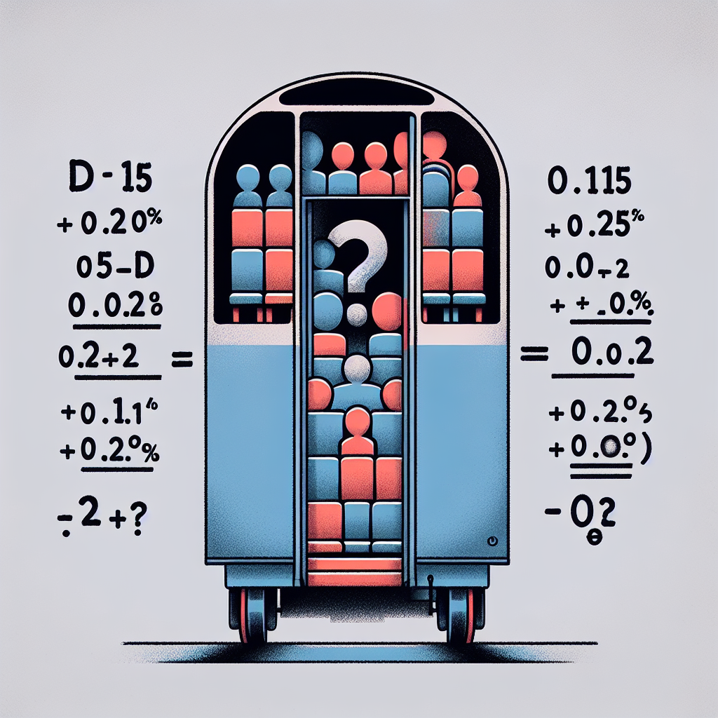 An abstract illustration representing a mathematics problem involving passengers in a train. The train consists of cars which are filled with 15% and 20% of the total passengers. The remainder of the passengers is an unknown value represented by a question mark. The equation D - 0.15d + (0.15d*0.2) + ? and the sum 0.15 + 0.03 = 0.18 are represented visually. The image does not contain any text.