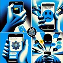 An abstract image representing the concept of texting. Include four distinct sections in the image, each visually representing an aspect from the following list: 1) the addictive nature of texting, symbolized by a tightly gripped cell phone, 2) the prevention of crime through a graphic of a police badge and a text bubble, 3) citizens submitting anonymous tips to the police, depicted by a shadowy figure holding a phone, sending a text with a question mark, and 4) the ability to send harsh comments anonymously, portrayed by a sad emoji bursting from a cellphone. Ensure that all four sections are harmoniously connected, representing the integrated world of texting. Please note, the image should not include any text.