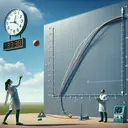 Visualize a physics experiment set in an open field with clear skies overhead. In the center, a Caucasian scientist stands ready to throw a brightly colored ball into the air. Her throwing hand is pulled back in anticipation, the ball displaying an arc trajectory above. Next to her, a large wall clock shows the time as 3 seconds. A long measuring tape spans from the ground to the anticipated maximum height of the ball, adhering to a quadratic function graph shape, h = -16t² + 60t + 6, without showing the equation or any numerical values.