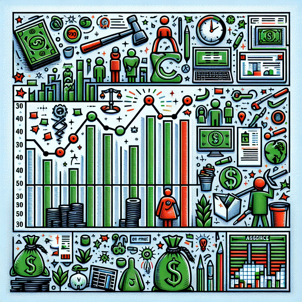 Create a detailed and eye-pleasing image that encapsulates the following scenario: An economic graph representing 30 days with alternating symbols to represent the days worked and the days absent. Use symbols such as a hammer and anisign for a day off for diversity, echoing the storyline of earning and missing out on income. Incorporate green and red colors to symbolize pay and fines respectively. Ensure that the image conveys the contrast between the reward of labor and the cost of absence without any text.
