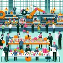 Illustrate an image that portrays a toy production event. The factory floor will be bustling with activity, as workers meticulously assemble small, multicolored toys. Some workers, of varying descents and genders, are seen operating advanced machinery, while others inspect the finished products for quality assurance. Add in some businessmen and women, of diverse descents, in formal wear looking over blueprints and discussing strategies. The overall atmosphere is joyous and productive. Make sure readers would understand that the described scene could potentially benefit the producers more than the consumers.