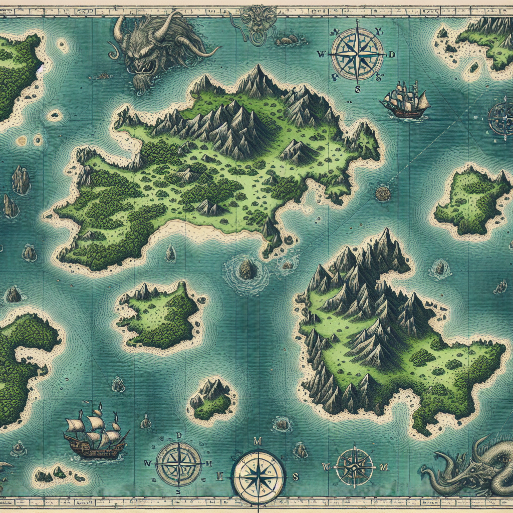 A detailed, vintage-style map showing several islands scattered across the ocean. The islands are in a variety of sizes, with some larger and some smaller, drawn in great detail showing their green landscapes. Different shades of blue are used to depict the depth of the sea around the islands. Around the edge of the map, decorate with sea monsters, galleons, and compass roses as seen in antique maps. However, make sure no names or text annotations are present on the map.