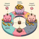 An engaging visual representation of an investment scenario between three friends. Show three different colored piggy banks labeled A, B, and C, representing each friend. Friend A's piggy bank contains 5000 coins, B's piggy bank contains 10000 coins, and C's piggy bank starts with 7500 coins but later gains an additional 5000 coins. It should clearly visually depict that friend A stepped away after a period symbolized by a half circle representing 6 months, while friend C invested additional coins after the same half circle. At the end, also show a small treasure chest with a tally of 9000 coins signifying the profit.