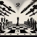 Visualize the tension of the period, known as the Cuban Missile Crisis. Show us the metaphorical symbolism of two nations on the brink of nuclear war, with nuclear missiles being the major player. A chess game should represent the strategic nature of the crisis, with each piece embodying a nuclear warhead threatening to strike. To illustrate the threat of communist influence, design the chess board with one side having a pattern of hammer and sickle symbols, while the other side remains plain. Please generate this image with a stark, tension-filled atmosphere.