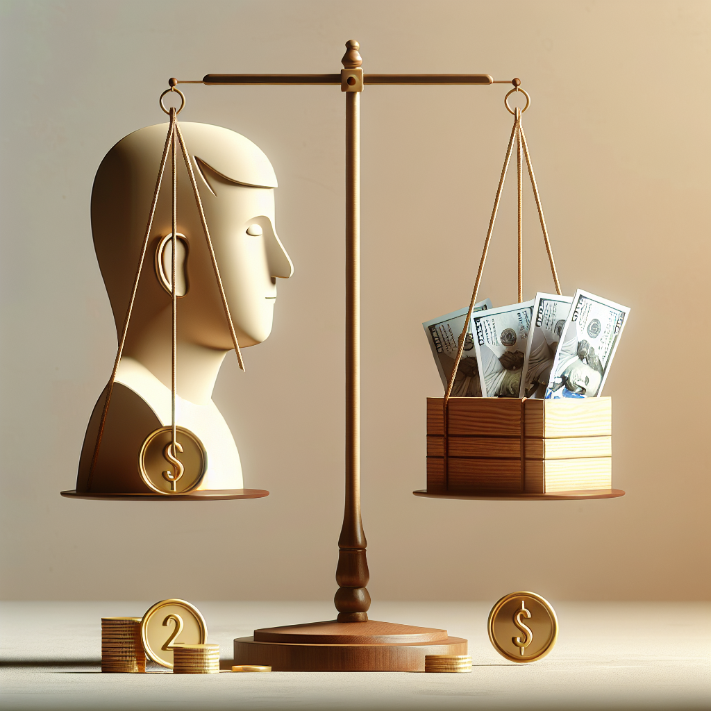 A visually appealing graphic representation consisting of a symbolic man. He is Asian in descent, positioned on the left of the image, with an expectant face. In front of him, a balancing scale is suspended on a stand. On one side 3 golden coins and the other side 5 golden coins, teetering. To the right of the image, a wooden box is spilling over with $200 worth of paper currency. The image is set against a soft, calming background. Please make sure that there is no text in the image.