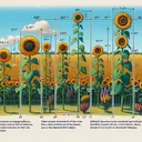 An image illustrating the concept of normal distribution using a sunflower field. The average sunflower height is visually represented as being 64 inches, with taller and shorter sunflowers at varying distances from the mean, reflective of the standard deviations. Some unique aspects include sunflowers represented in varying heights of one, two, and three standard deviations. Additionally, visually exhibit a section of the field depicting around 3000 sunflowers, with some specific area highlighting sunflowers that are taller than 71 inches.
