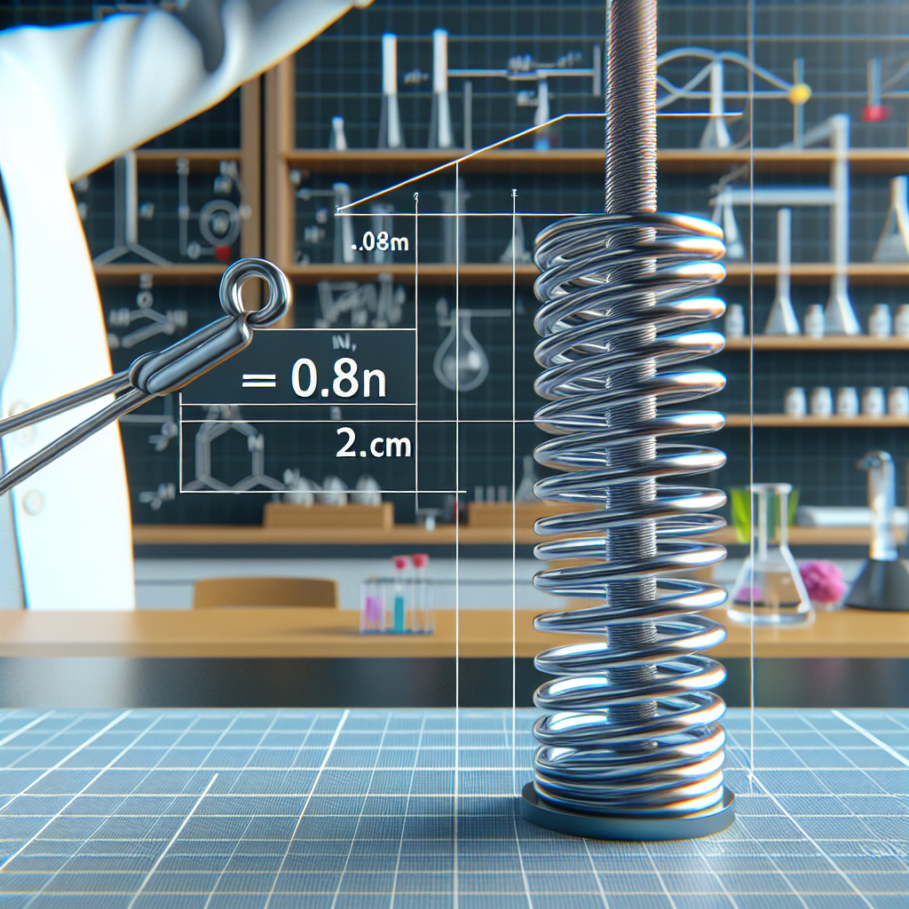 A physics-themed image displaying a laboratory setup. Feature an elastic spring under tension being stretched by a weight. The weight should be visually represented as applying a force of 0.8N which stretches the spring by 2cm. The spring should appear stretched, showing displacement from its original, relaxed state. No text should be included.