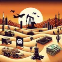 Illustration of a desert landscape with multiple symbolic elements representing different impacts of a significant historical event: an oil well, a symbol of terror, a wallet, and a military base, all inserted without interfering with the beauty of the scene