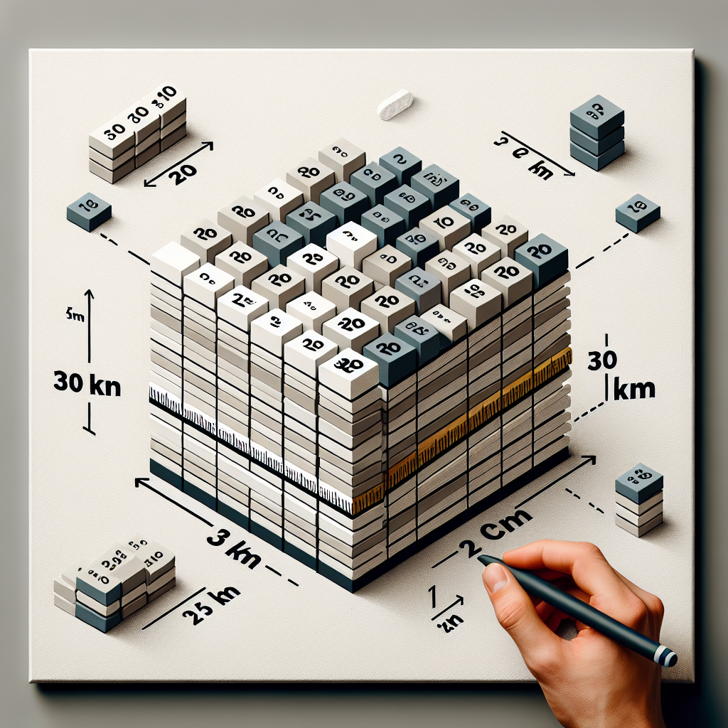Create an image with a neutral background that visually interprets the given scenario. The central focus should be a clean, ruler-like scale colored in white and grey divisions, measuring 2 cm sections. Each section symbolizes 3/4 km. Arrange piles of different numbers of such scale sections across the canvas to convey various distances. One notably larger heap should represent 30 km, composed of multiple 2 cm sections. Remember, there should be no textual elements in the image.