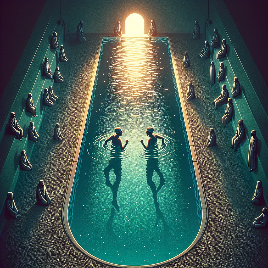 Visualize an image representing a thematic interpretation of a story titled 'The Swimming Contest'. The image could reflect symbolic elements like a pool of water showing two distinct figures, indicative of the characters, the narrator, and Abdul-Karim engaged in a competition, with a vague tension pervading the scene. The ambiance should be set somewhere between peace and conflict, relaying the deep narrations from the story, and embodying the essence of the impending conflict. Please ensure no text is included in the image.
