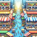 Create a vibrant and detailed illustration that represents competition among businesses. The image should include two adjacent shops with similar products, each attempting to attract customers in their own unique way - one by offering exciting deals and low prices, another by diversifying its product types. No text should be included in the image. In the background, subtly illustrate the positive effects of competition with illustrations like happy consumers, active investors, and satisfied workers. The image should convey a bustling market scene encapsulating the spirit of a dynamic market economy, suggesting the existence of numerous choices for buyers, but no textual representations are desired.
