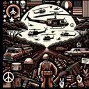A symbolic representation of the Vietnam War. Include the visual cues that signify the key elements of it such as helicopters, a stretch of dense jungle terrain, American soldier uniforms of the period, and peace signs representing the anti-war movement. Do not include any text within the image.