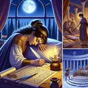 Create an illustrative, engaging scene from the Odyssey. In the foreground, show Penelope, a brunette Greek woman in traditional clothing, weeping discreetly on her bed at night with moonlight illuminating the room. In the mid-ground, show her cleverly crafting a plan with a piece of parchment and quill, where she's seemingly trying to delay a forthcoming event. Further back in the room, show her finishing a detailed, woven burial shroud. Lastly, focus on a grand, ceremonial archery contest setup with an elaborate bow and arrow on a pedestal, suggesting she's going to announce a significant decision linked to it.