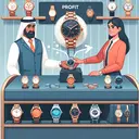 An image illustrating the concept of business profit in the context of a watch dealership. The scene could display a Middle-Eastern man, the dealer, standing behind a counter showcasing various aesthetically appealing wristwatches. He is handing over a superior quality watch to a customer, who is a Caucasian woman. On the counter, there's a small pile of 20 watches neatly arranged. To visually represent profit, four watches are highlighted in a separate section on the counter. Please make sure this is a colorful and appealing image with a positive tone to convey the concept of advantage or profit.