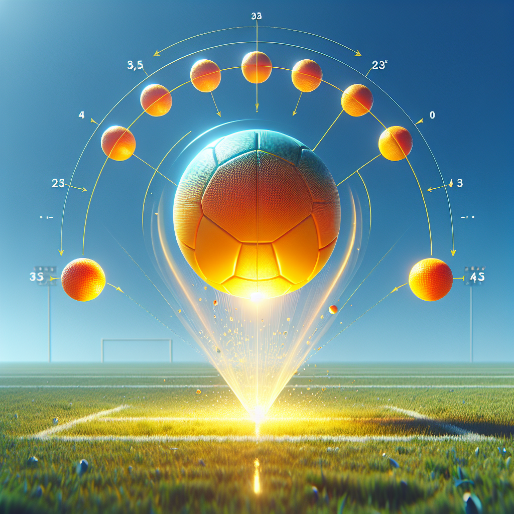 Create a vivid and engaging image illustrating the concept of a ball bouncing. Visualize a bright ball dropping from a significant height, capturing the moments it rebounds higher each time. Show five distinct contact points where the ball interacts with the ground to signify the instances it bounces. Ensure the environment looks clear, perhaps a grass field under a blue sky for contrast. The ball should be visibly compressing and expanding to portray the energy absorption and release during the rebounds. Remember not to include any text in the image.