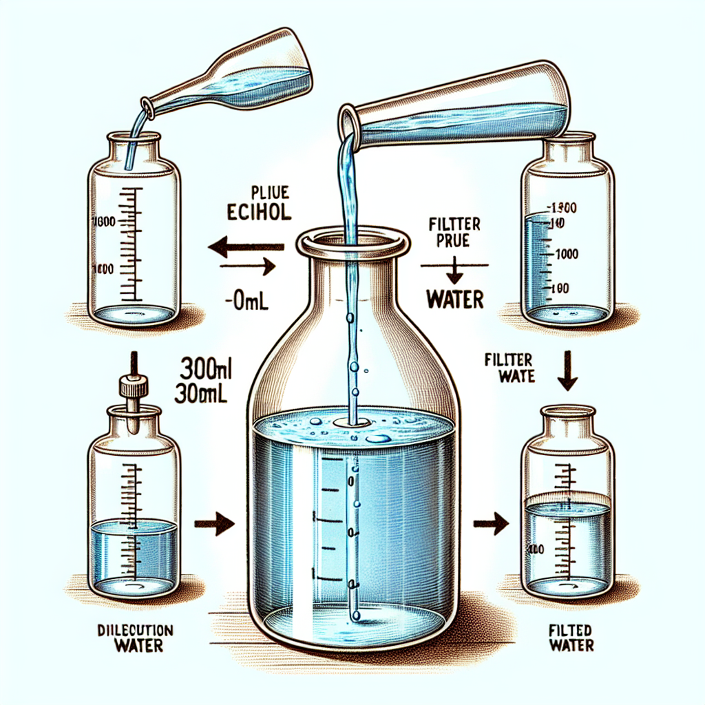 An illustration capturing a scientific experiment, with a focus on dilution process. The image should show a large, transparent glass bottle with a capacity of 1000ml, filled initially with a pale blue liquid, symbolizing pure ethanol. Then, 300ml of the liquid is depicted being removed, mark the exact amount with a line of measurement. Subsequently, filter pure water, depicted as a colorless and transparent liquid, is shown being poured to the bottle to its full capacity. The mixture inside the bottle is then depicted as being stirred. This dilution process is represented five times in a looped sequence.