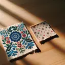 A side-by-side comparison of two pieces of fabric, each around the size of a small notebook. On the left, a print patch that is vividly decorative with an intricate design of blue flowers and green leaves against a white background. On the right, a calico patch with a more subdued, simple, and nuanced design: small red and pink polka-dots scattered on a beige fabric. Both patches are placed on a wooden table, casting soft shadows beneath them. The light source is natural, illuminating the scene from the top right corner, creating a warm and inviting scene.