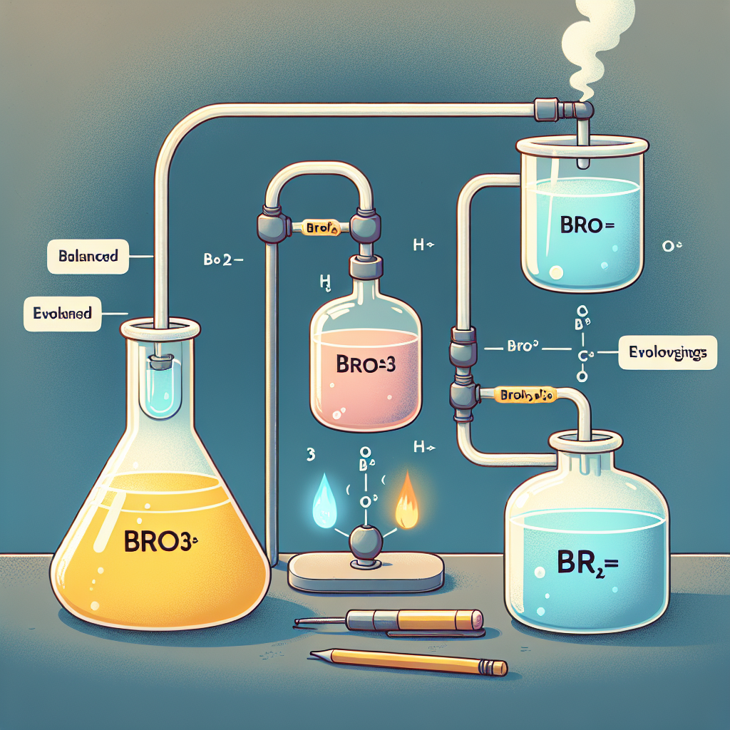 Create an image illustrating a chemical reaction taking place in a laboratory. Show two glass containers, one containing a pale yellow solution symbolizing BrO3- and another containing a colorless solution symbolizing Br-. Connect these containers with a tube to another container, where heat is applied to initiate the reaction. Evolving gases represent the balanced redox reaction happening. Remember not to include any text on the image.