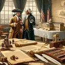 Create a historical illustration portraying two colonial men in a heated discussion in a room full of historical documents and artifacts. The men, one Caucasian and one Black, are dressed in 18th-century American attire, standing by a large wooden table scattered with parchments, feather quills, and wax seals. A scale model of a federal building and a small money chest symbolizing the banking system sit on the table. Do not include any text in the image.