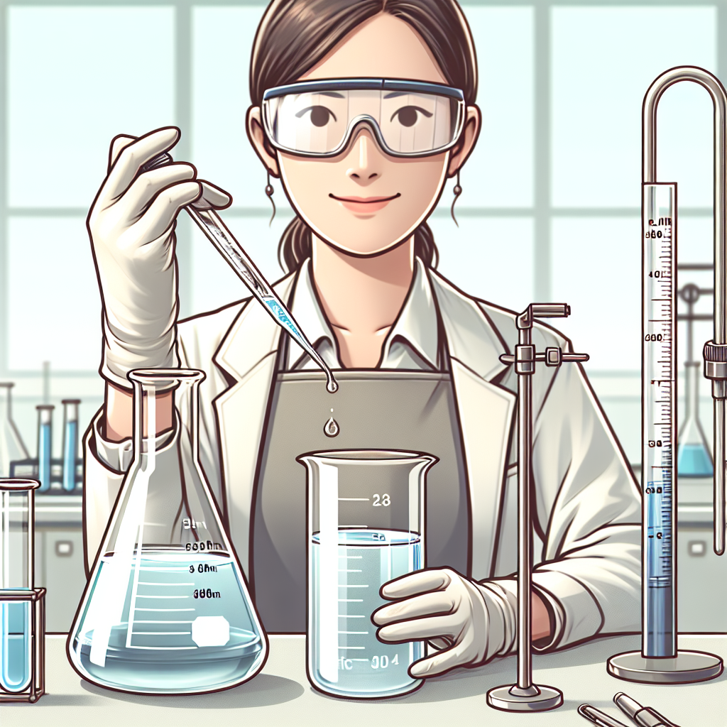 Create an image of a scientist wearing safety equipment, including lab goggles, a lab coat, and gloves. They're in a safely-equipped lab, holding a glass beaker filled with a colorless liquid, symbolizing concentrated formic acid, in their right hand and a pipette filled with water in their left. Please ensure to portray the scientist as a Hispanic female to showcase diversity. Also, place a flask on the lab counter beside them, awaiting the mixture, and a measurement cylinder showing a volume of approximately 880ml. Please note not to include any text in the image.