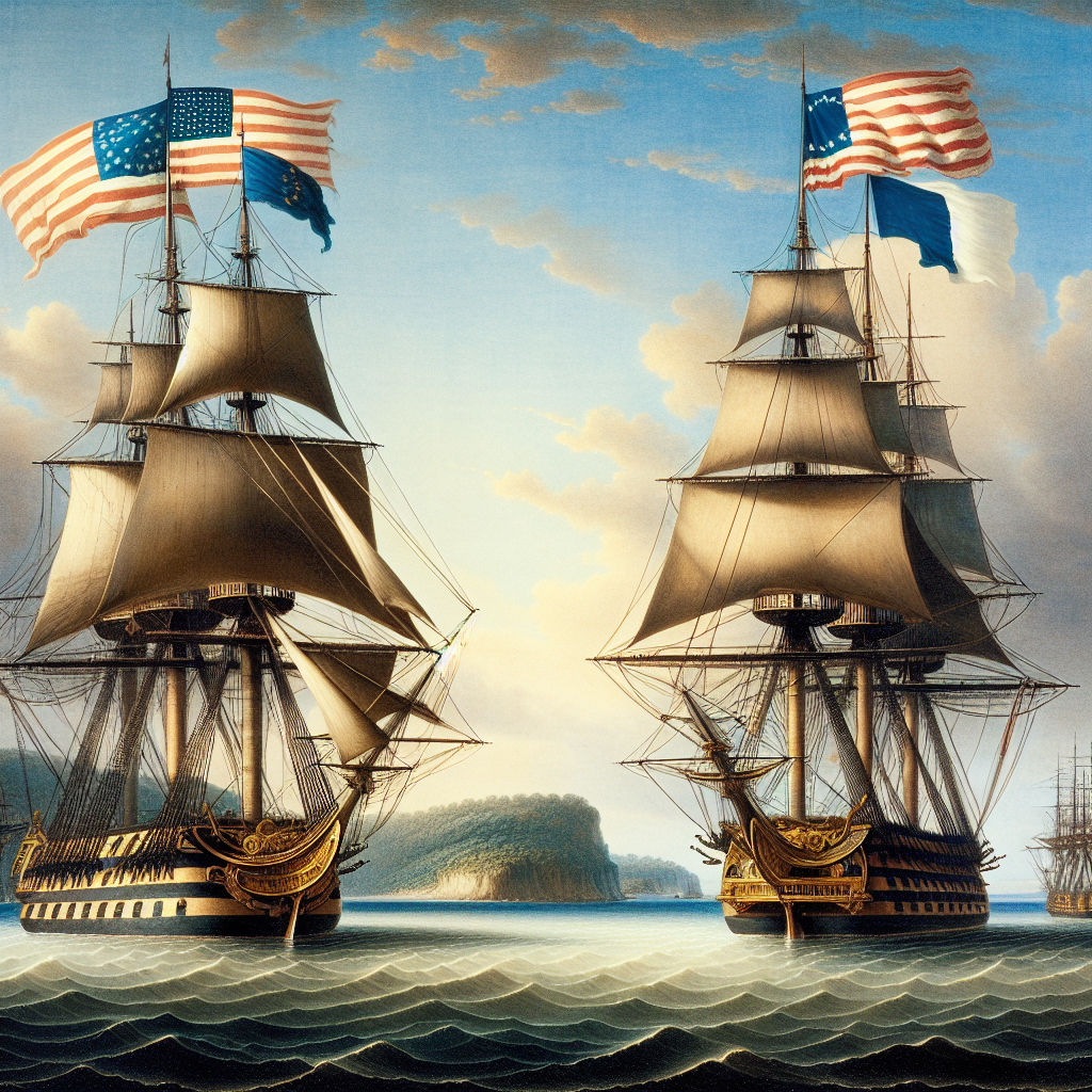 A historical depiction of a maritime scene, representative of the early 19th century. Features two large sailing ships, one flying the stars and stripes of America and the other, the tricolor flag of France. They are stationed peacefully in calm waters, with a view of the West Indies' shoreline in the background. The essence of the scene should hint at negotiations and peaceful exchanges, a not-so-subtle nod to foreign policy discussions during President Madison's era.