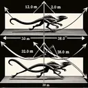 An illustrative image showing a creature running in two distinct paths. First, the creature runs 12.0 m east marked with a straight line. Then it runs 28.0 m in a direction pointing 30.0 degrees east of north, indicating a sudden change in course. The starting and ending points are clearly marked, and the overall journey visualizes a geometrical problem with the paths representing vectors. The image contains no numerical values or text.