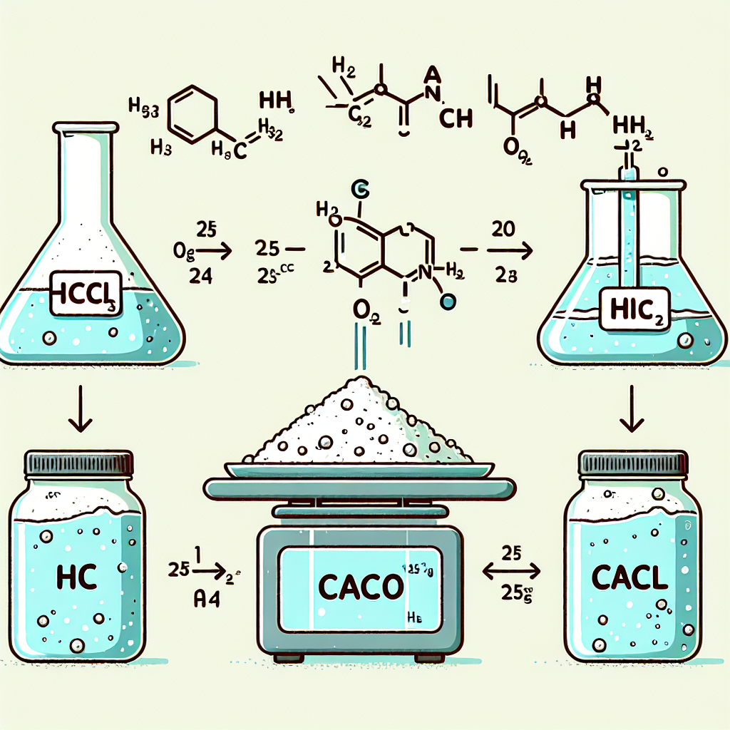 An illustration depicting the chemical reaction process between limestone and hydrogen chloride. Start with an image of a pile of limestone represented by its chemical formula, CaCO3, sitting on a scale displaying 25g. Nearby jars labeled with the formulas 'HCl' and 'CaCl2' to represent hydrogen chloride and calcium chloride respectively. Show the reaction sequence with arrows, but do not include any text or numerical values in the image.