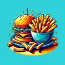 Create a vibrant representation of typical side dish served with a hamburger. The image should depict an appetizing hamburger on a plate, accompanied by a bowl of crunchy, golden french fries. Make sure to highlight the contrast between the juicy burger and the crispy fries. Ensure that no text is included in this image.
