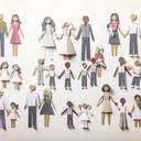Create a thought-provoking image showing paper cut-out figures that represent different family structures. Include a traditional family with a mother, father and children, a multi-generational family, a single parent family and a family with same-sex parents. All these families should be populated with people of diverse gender and descent - Caucasian, Hispanic, Black, Middle-Eastern and South Asian.
