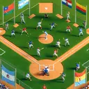A detailed image of a grassy baseball field seen from a high angle. Positioned on the field, four baseball teams are each sporting vibrant uniforms that symbolize different countries. The players on the field are indicating a range of actions such as pitching, batting, and fielding. Along the outfield fences, four different flags are fluttering mildly in the breeze. These flags represent the countries of the Dominican Republic, Argentina, Spain, and Peru. Each ethnic representation seen in the players include Hispanic, White, African, and South Asian descent with a balance of both male and female players.