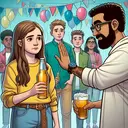 Draw an illustration that visualizes the importance of learning refusal skills. Show a scenario where a diverse group of teenagers are gathered. One teenager, a Caucasian girl with long brown hair, is being offered a beer by a peer, a Middle-Eastern boy with black hair and glasses. The girl is confidently declining the offer with a hand gesture, expressing firmness. Also, have the other teenagers observing this scenario. They should portray a range of reactions such as surprise, respect, and admiration. Make sure the setting is a teen party with decorations of balloons and streamers but free of any textual content.