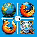 Create an image representing four different internet tools - a globe symbolizing web browser Internet Explorer, a fiery fox symbolizing browser Mozilla Firefox, a magnifying glass representing search engine Google, and a compass representing the web browser Safari. The image composition should be divided into four equal sections, each containing a symbolic representation of the mentioned internet tools. The Google's section with the magnifying glass should be subtly highlighted to suggest it as the correct answer.