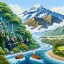 Create an image of a verdant rainforest rising from the ocean, transitioning to snow-capped peaks. Further, depict scholarly figures deep in thought, suggesting their speculation about ancient history. The scholars are holding small boats, symbolizing the Maori people's journey. Rivers roar in the background, with meadows blossoming nearby. No text should be present in the image.