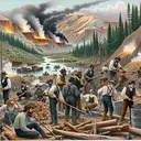 A detailed scenic illustration of a western landscape in the 19th century, featuring a gold and silver mining operation in progress. Visible are worn-out miners of varying descents like Caucasian, Hispanic, Black, Middle-Eastern and South Asian, both male and female, working with pickaxes and shovels. Trees on the surrounding hills are being cut down, rivers are getting polluted with mining waste. Show distressed wildlife nearby to highlight the environmental impact. The sky above the mining site is filled with smog, demonstrating the air pollution caused due to mining.