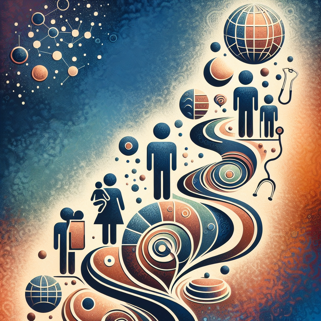 An abstract representation of personal growth and development. Depict a journey, where the path begins at the bottom with smaller, less defined shapes to represent decision-making, symbolic representation of a family unit to represent family communication, distinctly defined steps for achieving goals, concluding with a globe signifying the world internet, and doc's instruments indicating a new doctor. Ensure the image does not contain any text.