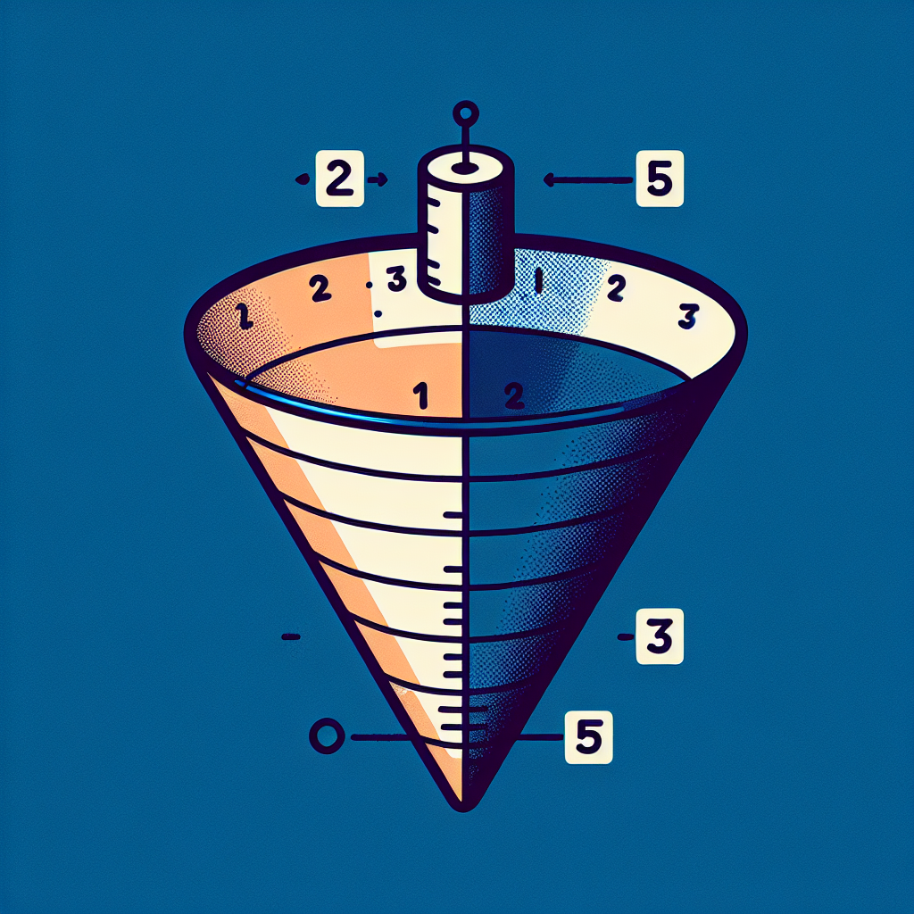 Please create an illustration of a geometric concept. Show a right circular cone with a noticeable marker indicating a section one third from the very top (the vertex). The cone is divided by this marker into two distinct parts. The cone's total volume is symbolized as 5 litres. There's no calculation or specific text within the image. The upper and lower sections of the cone signify two different volumes. The image focuses on the visual representation of the mathematical principles rather than the calculation details.